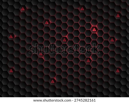 Hexagon security wall breach with red alert icon, digital firewall compromised by hacker attack vector illustration.