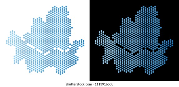 Hexagon Seoul city map. Vector territorial scheme in light blue color with horizontal gradient on white and black backgrounds. Abstract Seoul city map concept is containing hex-tile spots.