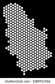 Hexagon Serbia map. Vector geographic plan on a black background. Abstract Serbia map mosaic is organized of hex tile elements.