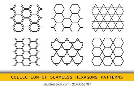 Hexagon set of geometric seamless patterns. Abstract huneycomb geometric graphic lines design