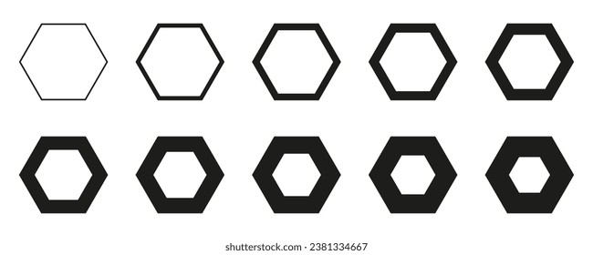 Hexagon set from thin to thick line, set of geometric shapes form, hexagon icons collection, different version - stock vector