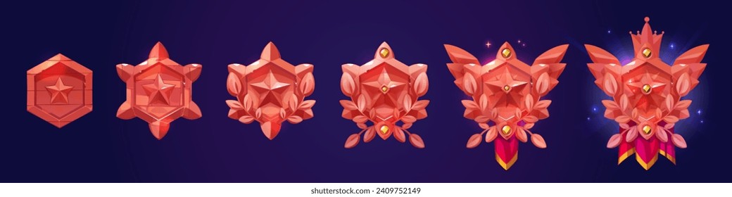 Hexagon shape badge with star, various stages of decorations evolution for game level rank ui design. Cartoon vector illustration set of red trophy medal or emblem with gemstones and drapery progress.