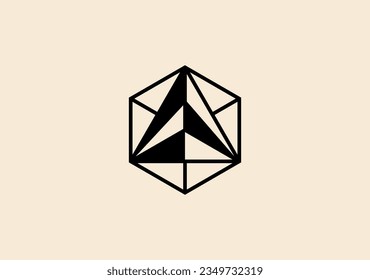 Hexagon shape with compass arrow logo symbol in the middle