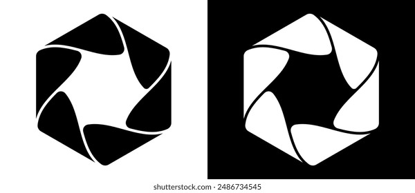 Hexagon shape with dynamic elements. Abstract geometric art background, logo or tattoo. Black shape on a white background and the same white shape on the black side.