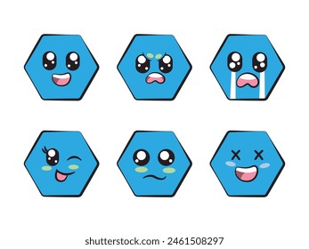 hexagon shape with expression smile angry crying wink eye sadness and laughing feeling blue color 