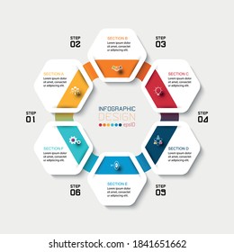 The hexagon shape flower design vector represents the process and work process with 6 steps. infographic illustration.