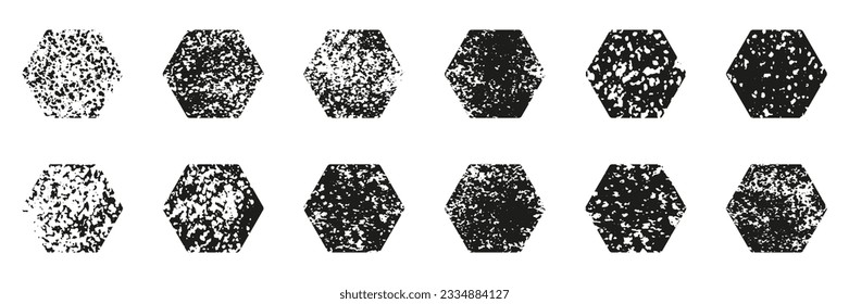 Hexagon Shape Grunge Set. Vintage Black Hexagonal Stain Collection. Rough Texture Geometry Stamp. Abstract Retro Grainy Design Element. Isolated Vector Illustration.