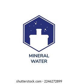Hexagon shape icon about mineral water flat style, vector illustration isolated on white background. Silhouette of big gallon, bubbles, blue text. Design element