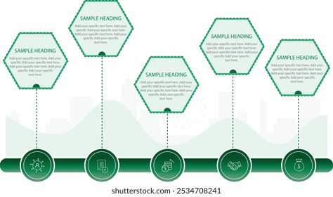 Ícone de forma hexágono com desenho de modelo de infográfico de plano de fundo de vista de cidade