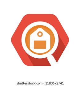 hexagon shape icon with a concept that illustrates, looking for promo information, finding label