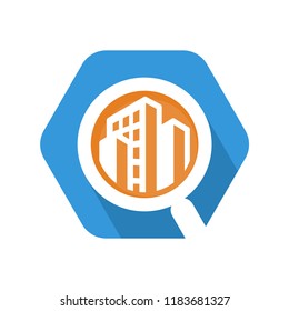 hexagon shape icon with a concept that illustrates, inspects buildings