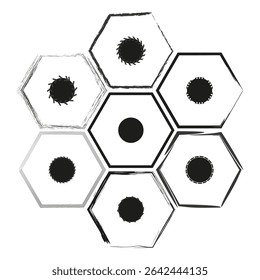 Hexagon shape icons. Black dot elements. Abstract vector pattern. White background design.