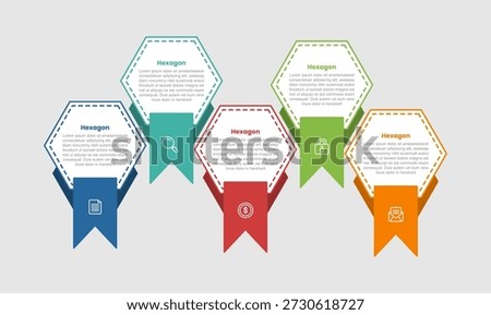 hexagon shape infographic diagram with up and down alignment with ribbon badge on bottom with 5 step for slide presentation vector