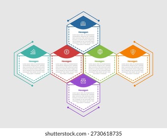 hexagon shape infographic diagram with half circle badge on top with circular strange alignment with 6 step for slide presentation vector