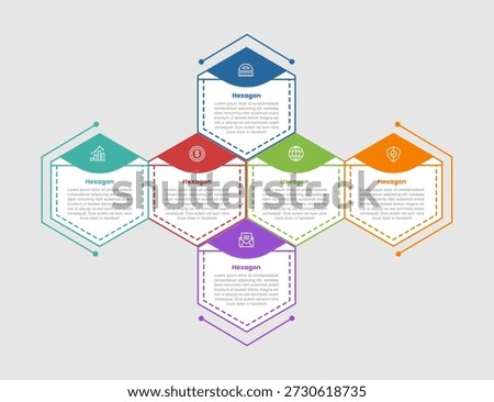 hexagon shape infographic diagram with half circle badge on top with circular strange alignment with 6 step for slide presentation vector