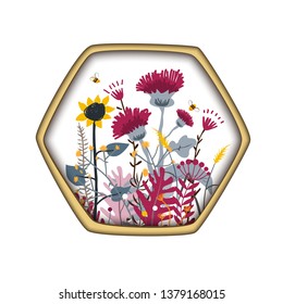 Hexagon Shape Label with cute honey meadow flowers and bees. Cartoon vector illustration. Grassland Honey Concept for prints, cards, and packaging