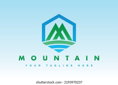 hexagon shape line design modern design m letter logo template with blue and green gradient 