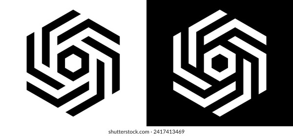 Hexagon shape with linear dynamic elements. Abstract geometric art line background, logo or tattoo. Black shape on a white background and the same white shape on the black side.