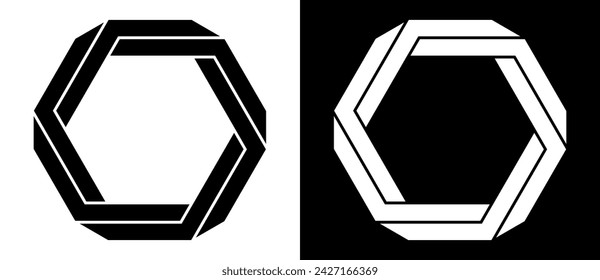 Hexagon shape with linear dynamic elements. Abstract geometric art line background, logo or tattoo. Black shape on a white background and the same white shape on the black side.