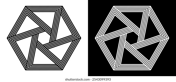 Hexagon shape with linear dynamic elements. Abstract geometric art line background, logo or tattoo. Black shape on a white background and the same white shape on the black side.