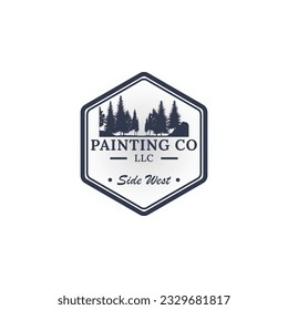 The hexagon shape logo with pine tree ornaments and the word painting co LLC can be used as a house painting company logo or logo related to property or real estate logo design inspiration