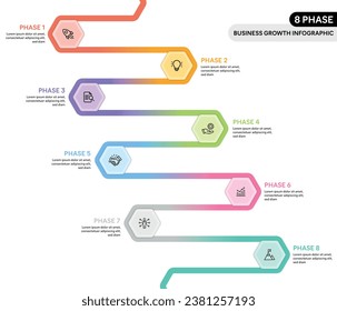Hexagon shape loop zig zag infographics. 8 Step business process infographic concept.