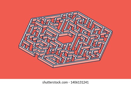 Hexagon Shape Maze / Labyrinth in Isometric View - Vector Illustration
