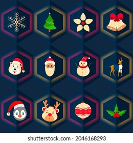 Hexagon Shape Pattern Background With Christmas Elements.