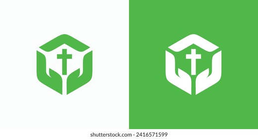 Hexagon shape religious vector logo design.