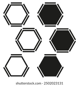 Conjunto de forma hexagonal. Esquemas hexagonales en blanco y negro y diseños rellenos. Iconos geométricos minimalistas.