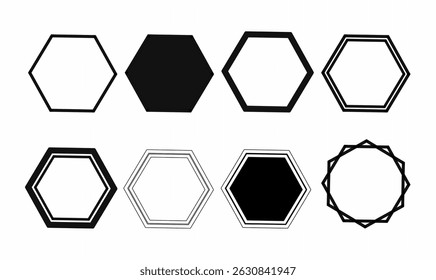 Hexagon shape set in black and white styles. Includes solid, outline, double line, and decorative versions. Perfect for logos, frame,text,symbol,badges, icons, and UI elements.