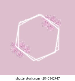 Hexagon shape, spotlight effect, off-white color, with small 3D serpentine flowers on a pink background. in the background, Vector.