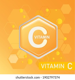 Hexagon Shape Vitamin C Logo With Medical Style Background, Orange Color Badge Nutrition And Supplement