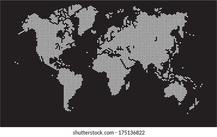 Hexagon shape world map on black background, vector image.