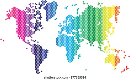 Hexagon shape world map in various spectrum colors.