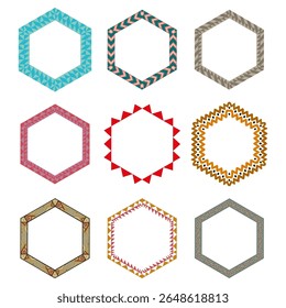 Hexagon shaped frames. Various artistic styles. Decorative borders with textures. Ethnic and modern elements.