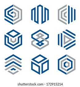 Hexagon shaped logo design elements 2. Abstract hexagonal vector symbols, blue and grey.