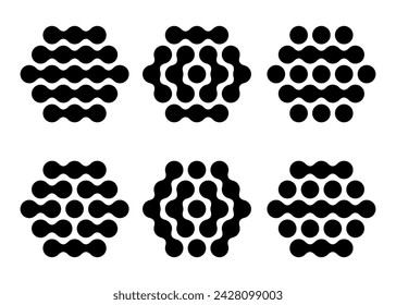 Hexagon shaped morphing circles as molecule connection dot pattern. Liquid blob technology icon. Metaball spotted tech abstract vector. Chemistry nanotechnology icon set