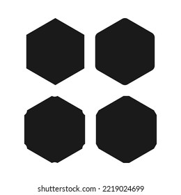 Hexagon shapes corner cut icon set. A group of 4 hexagonal shapes with various cuts on selected corners. Isolated on a white background.