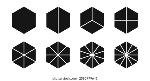 Hexagon shapes cutting in equal parts. Geometric shapes with 6 borders divided into fractions from 2 to 12. Simple diagrams, business chart templates. Vector graphic illustration.