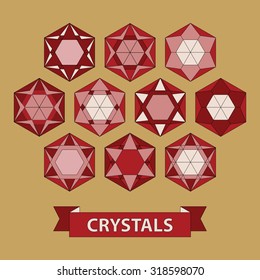 Hexagon shapes set. Crystal design elements. Abstract geometric vector. Gemstones collection. Red and gold colors. Abstract icons. Red snowflakes.