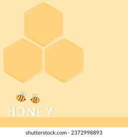 Hexagon sign, bee cartoon and hand written font on yellow background vector illustration.