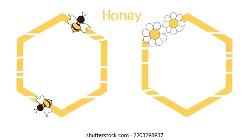 Hexagon sign logo with bee cartoons and daisy flower isolated on white background vector illustration.