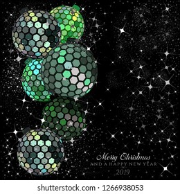 Hexagon silver and black disco balls with stars and sparkles on a black background for the Christmas and New Year season of 2019