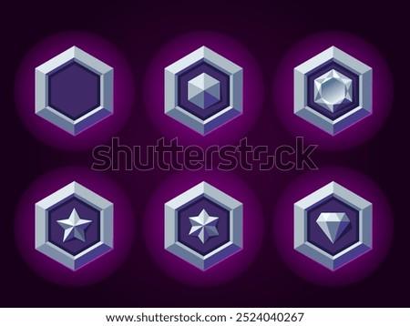Hexagon silver magic badges set for games. Silver vector rank emblems. Metallic style. Diamond, gemstone, star objects.