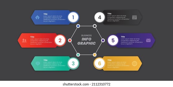 Hexagón seis opciones de diagrama infográfico, ilustraciones coloridas del vector de plantillas