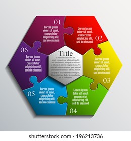 hexagon Six piece flat puzzle infographic presentation. 6 step circle business diagram. Six section compare service banner. Vector illustration template shape . 3d Abstract Background
