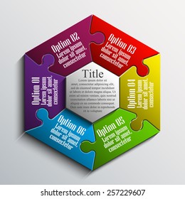hexagon Six piece flat puzzle round infographic presentation. 6 step circle business diagram. Six section compare service banner. Vector illustration template shape . 3d Abstract Background