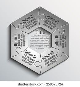 hexagon Six piece flat puzzle round infographic presentation. 6 step circle business diagram. Six section compare service banner. Vector illustration template shape . 3d Abstract Background