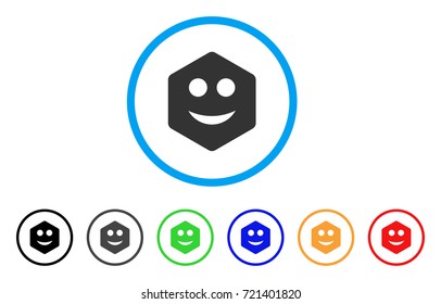 Hexagon Smile Smiley rounded icon. Style is a flat hexagon smile smiley gray symbol inside light blue circle with black, gray, green, blue, red, orange color versions.